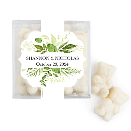 Personalized Wedding Botanicals Greenery JUST CANDY® favor cube with Sugar Sanded Gummy Bears