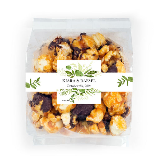 Personalized Wedding Botanical Greenery Chocolate Caramel Sea Salt Gourmet Popcorn 3.5 oz Bag