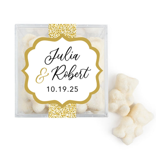 Personalized Wedding Glitter in Gold JUST CANDY® favor cube with Sugar Sanded Gummy Bears