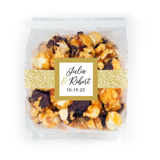 Personalized Wedding Glitter Gold Chocolate Caramel Sea Salt Gourmet Popcorn 3.5 oz Bag