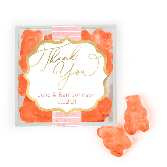 Personalized Wedding Pink Thank You JUST CANDY® favor cube with Gummy Bears