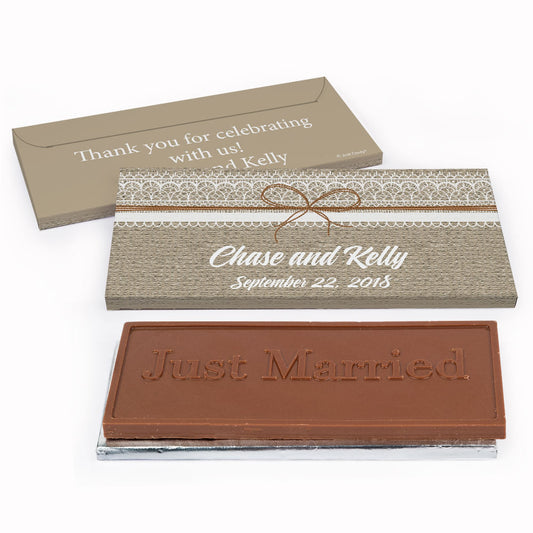 Deluxe Personalized Wedding Burlap and Lace Chocolate Bar in Gift Box