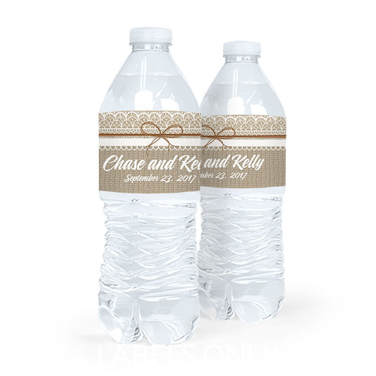 Personalized Wedding Burlap & Lace Water Bottle Sticker Labels (5 Labels)