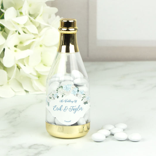 Personalized Wedding Blue Bouquet Champagne Bottle with Just Candy Chocolate Minis