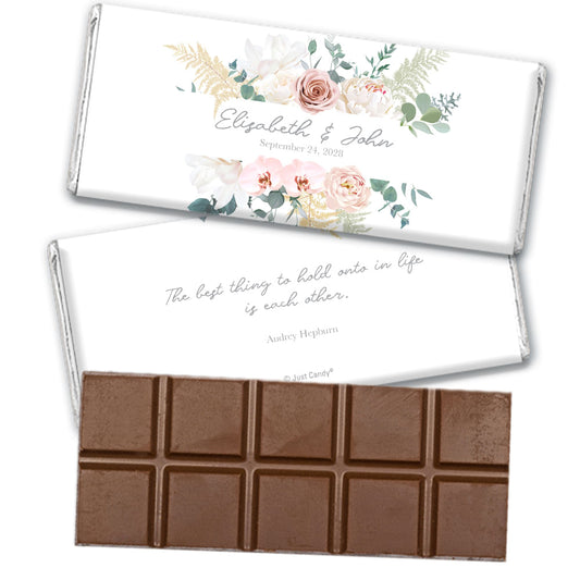 Personalized White Botanical Wedding Favor Belgian Chocolate Bar