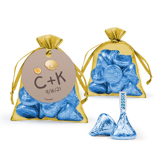 Personalized Wedding Hearts in Sand Sea Shore Hershey's Kisses Organza Bag with Gift Tag