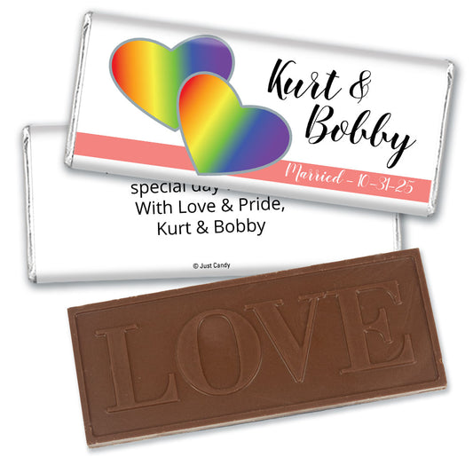 Personalized LGBT Wedding Rainbow Hearts Embossed Chocolate Bar