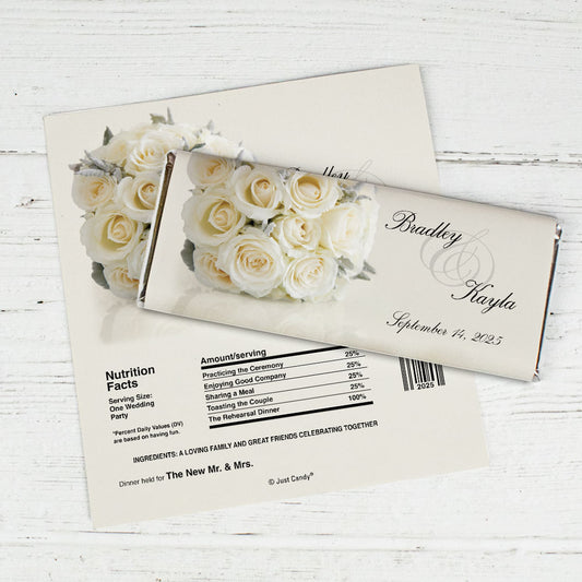 Wedding Rehearsal Dinner Personalized Chocolate Bar Wrappers White Bouquet