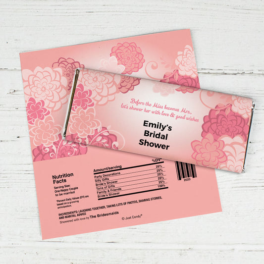 Bridal Shower Favor Personalized Chocolate Bar Wrappers Pink Flowers