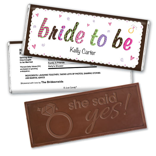 Bridal Shower Favor Personalized Embossed Chocolate Bar Colored Bride to Be