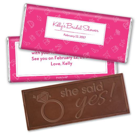 Bridal Shower Favors Personalized Pink Wedding Symbols Embossed Embossed Chocolate Bar Favor