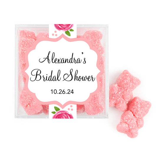 Personalized Bridal Shower Pink Floral JUST CANDY� favor cube with Sugar Sanded Gummy Bears