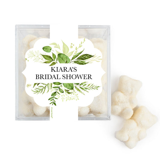 Personalized Bridal Shower Botanical Greenery JUST CANDY® favor cube with Sugar Sanded Gummy Bears