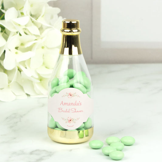 Personalized Bridal Shower Pastel Pink Flowers Champagne Bottle with Just Candy Chocolate Minis