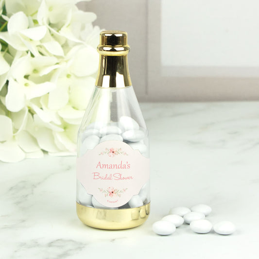 Personalized Bridal Shower Pastel Pink Flowers Champagne Bottle with Just Candy Chocolate Minis