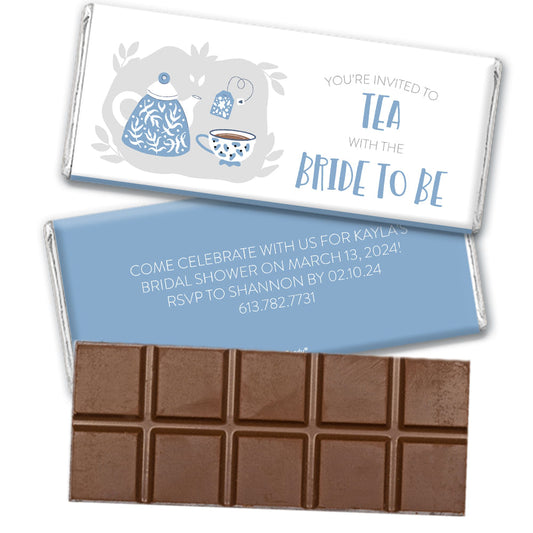 Personalized Blue Tea Party Bridal Shower Invitation Belgian Chocolate Bar