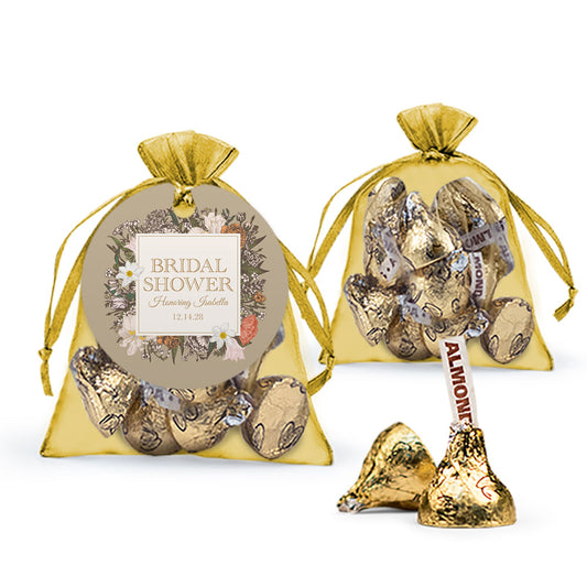 Personalized Bridal Shower Rustic Florals Hershey's Kisses Organza Bag with Gift Tag