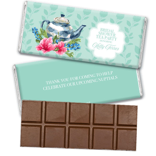 Personalized Botanical Teal Enchanted Tea Party Bridal Shower Favor Belgian Chocolate Bar