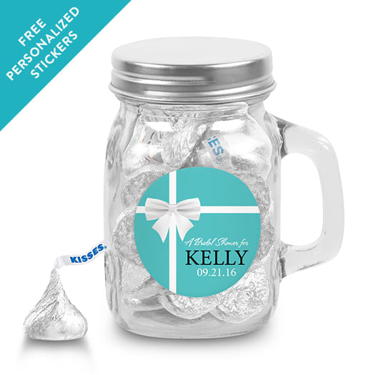 Bridal Shower Favor Personalized Mini Mason Mug Tiffany Style Bow (12 Pack)