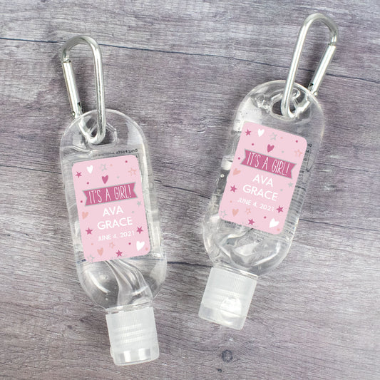 Personalized Baby Shower It's A Girl! Hand Sanitizer with Carabiner 1. fl. Oz.