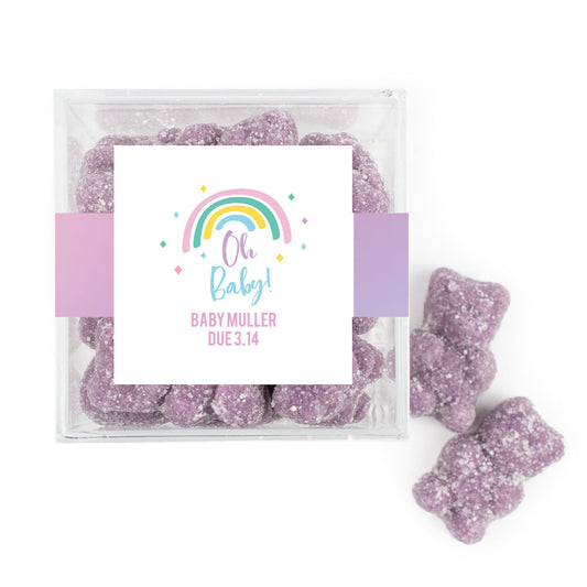 Personalized Baby Shower Rainbow Baby Favor Cube with Sanded Gummy Bears