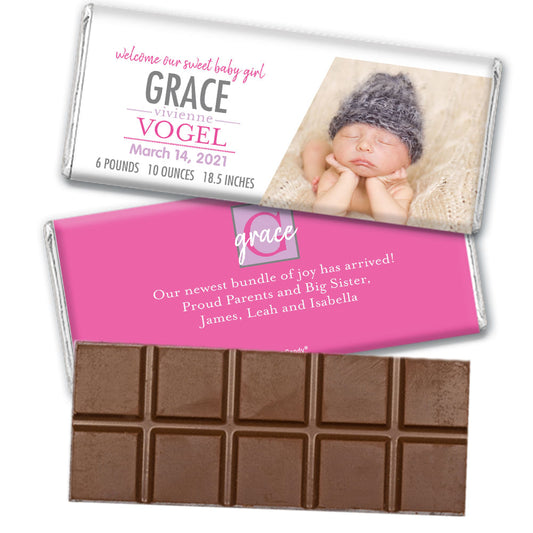 Personalized Pink Monogram Baby Girl Birth Announcement Belgian Chocolate Bar & Wrapper