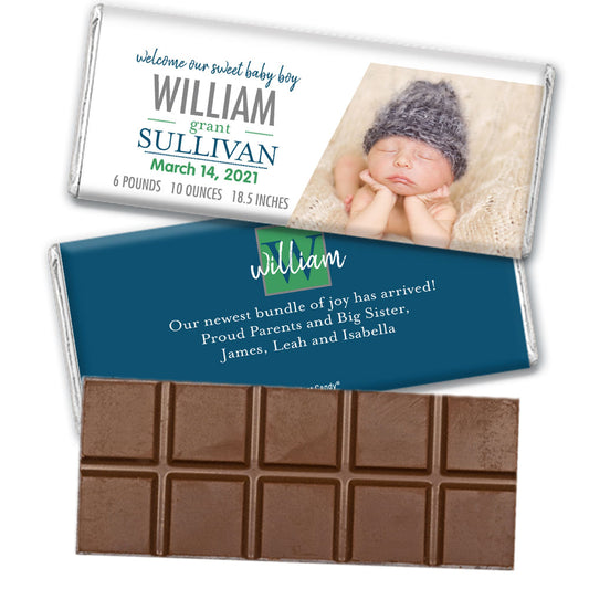 Personalized Blue Monogram Baby Boy Birth Announcement Belgian Chocolate Bar & Wrapper