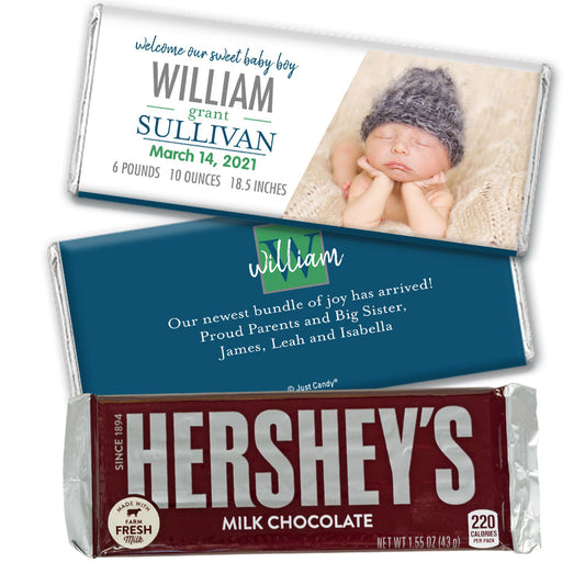 Personalized Blue Monogram Baby Boy Birth Announcement Hershey's Chocolate Bar & Wrapper