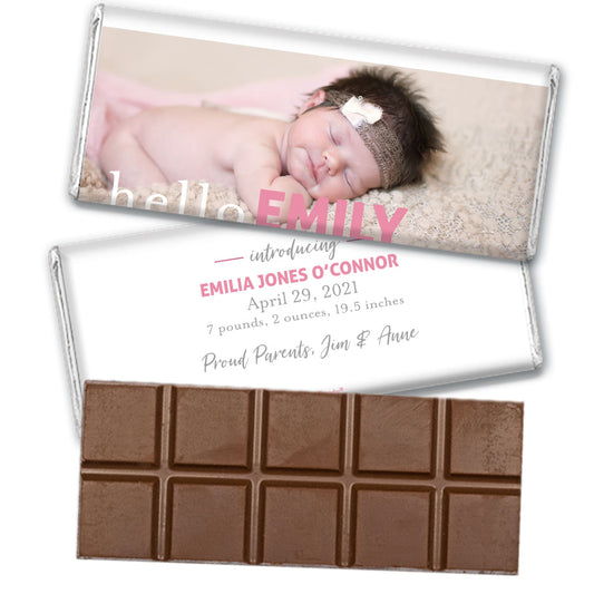 Personalized Hello Photo in Pink Baby Girl Birth Announcement Belgian Chocolate Bar & Wrapper