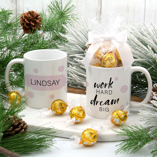 Personalized Work Hard Dream Big 11oz Mug with Lindt Truffles