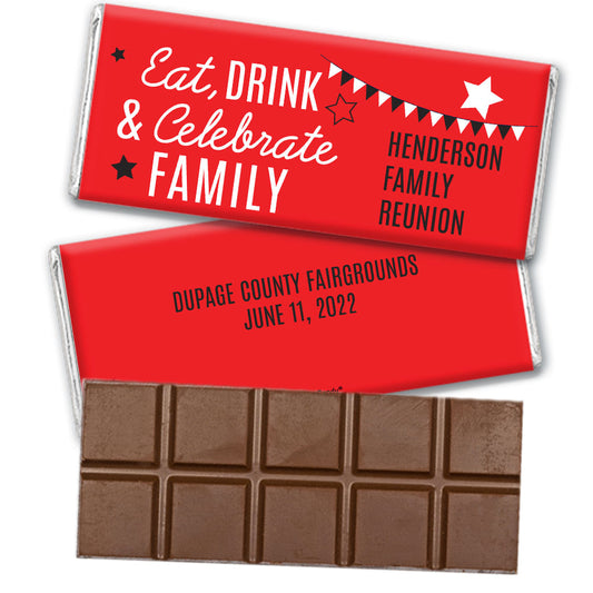 Personalized Family Reunion Eat, Drink, and Celebrate Belgian Chocolate Bar & Wrapper