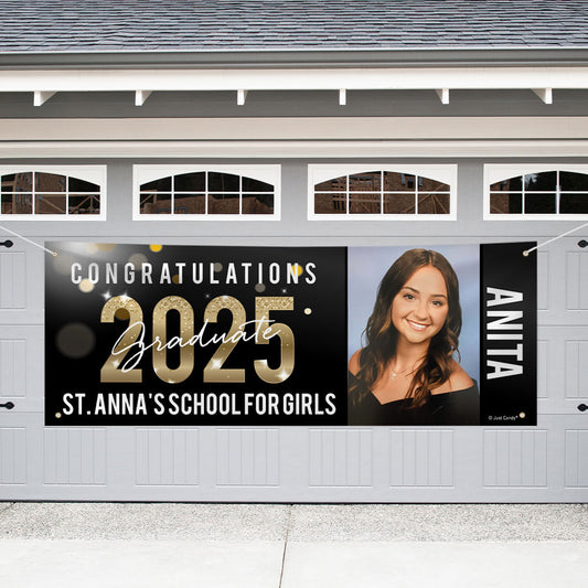 Personalized Graduation Giant Banner - Black & Gold Sparkle