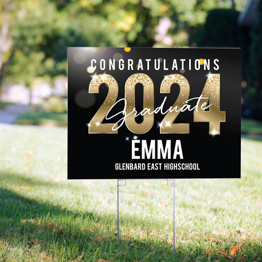 Personalized Graduation Black & Gold Sparkle Yard Sign