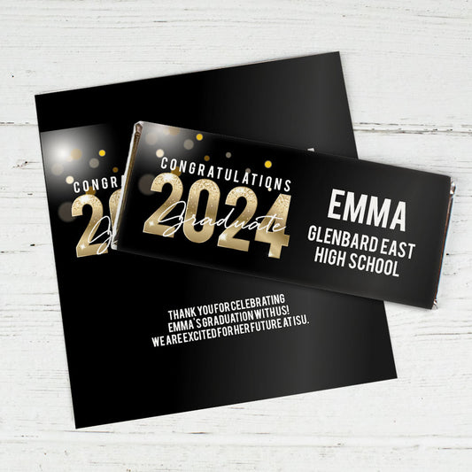 Graduation Personalized Chocolate Bar Wrappers Black & Gold