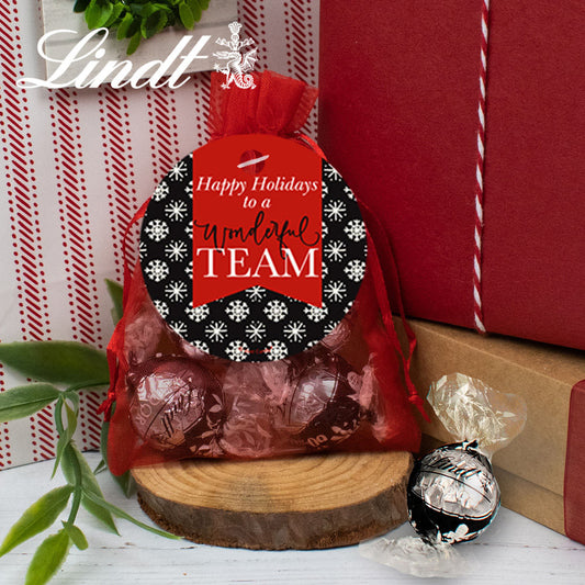 Personalized Christmas Crimson Snowflakes Lindor Truffles by Lindt in Organza Bags with Gift Tag