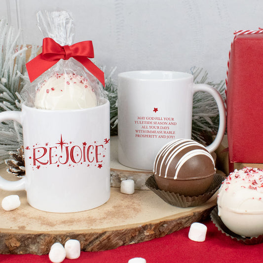 Personalized Rejoice 11oz Mug with Hot Chocolate Bomb