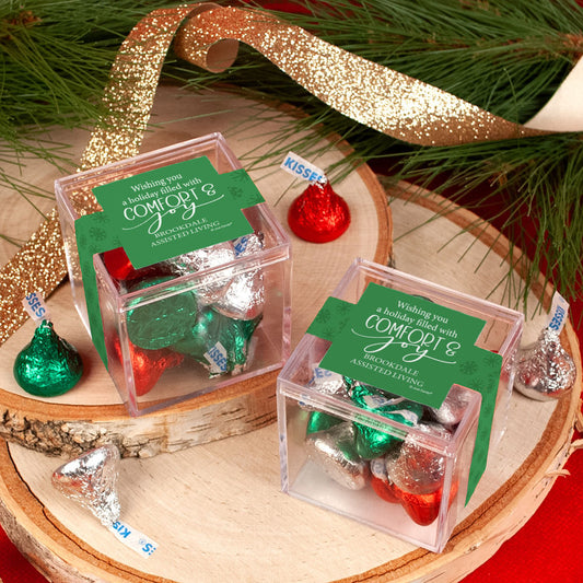 Personalized Christmas Comfort and Joy JUST CANDY� favor cube with Hershey's Kisses