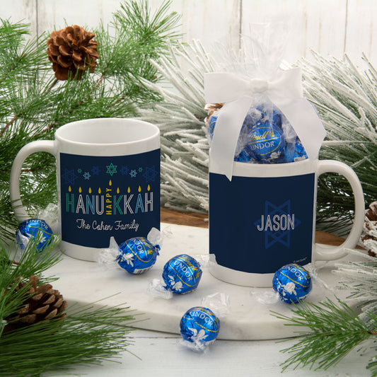 Personalized Happy Hanukkah 11oz Mug with Lindt Truffles