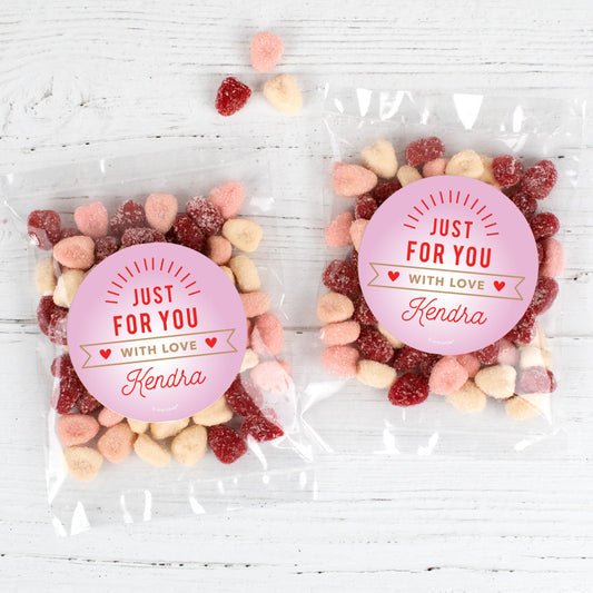 Personalized Valentine's Day Just for You with Love 1oz Candy Bags with Petite Sour Hearts