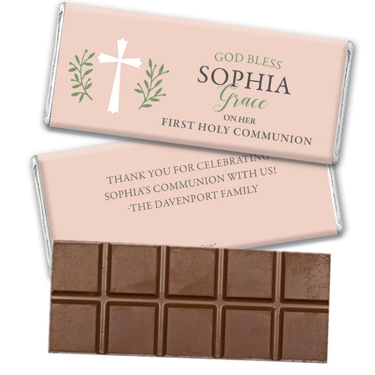 Personalized Communion God Bless Pink Belgian Chocolate Bar & Wrapper