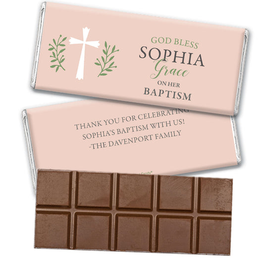 Personalized Baptism God Bless Pink Belgian Chocolate Bar & Wrapper