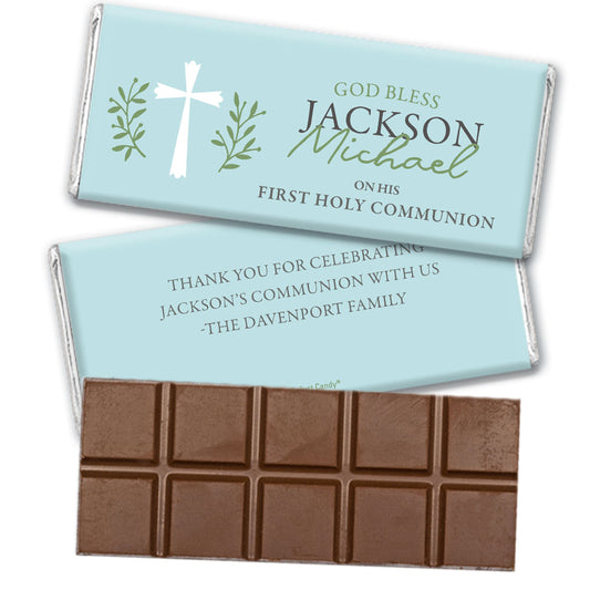 Personalized Communion God Bless Blue Belgian Chocolate Bar & Wrapper