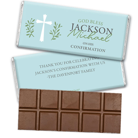 Personalized Confirmation God Bless Blue Belgian Chocolate Bar & Wrapper