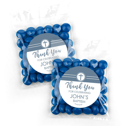 Personalized Baptism Blue Cross Candy Bags with Just Candy Milk Chocolate Minis