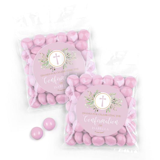 Personalized Confirmation Cross Greenery Candy Bags with Just Candy Milk Chocolate Minis - Pink