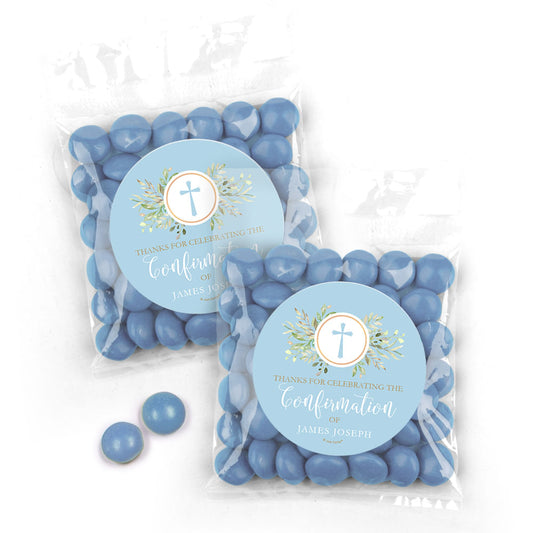 Personalized Confirmation Cross Greenery Candy Bags with Just Candy Milk Chocolate Minis - Blue