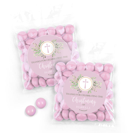 Personalized Christening Cross Greenery Candy Bags with Just Candy Milk Chocolate Minis - Pink