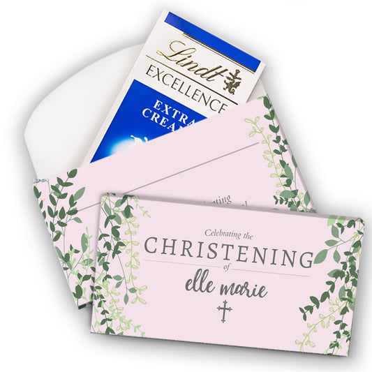 Deluxe Personalized Rose Pink Leaves Christening Lindt Chocolate Bars in Gift Box (3.5oz)