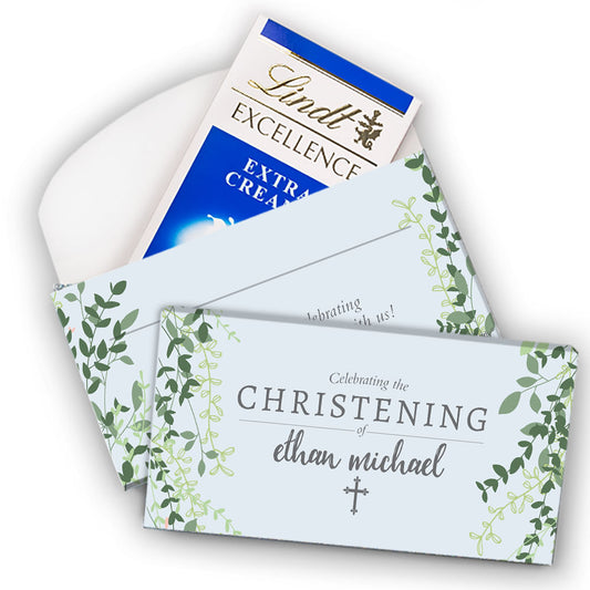 Deluxe Personalized Green Leaves Christening Lindt Chocolate Bars in Gift Box (3.5oz)