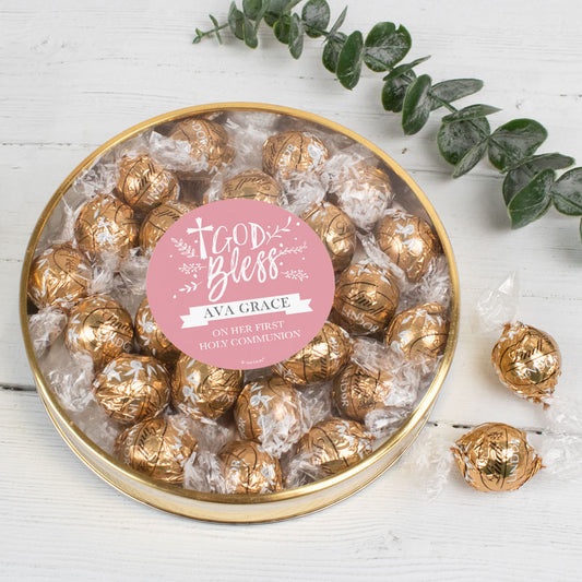 Personalized Communion Gifts Large Plastic Tin with Lindt Truffles (20pcs) - God Bless